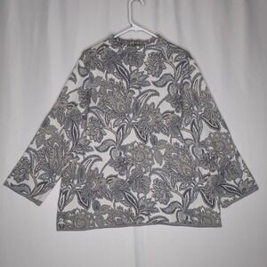 Chicos Sweater XL Gray Paisley Metallic Knit Zip- Back Mock Long Sleeve Holiday